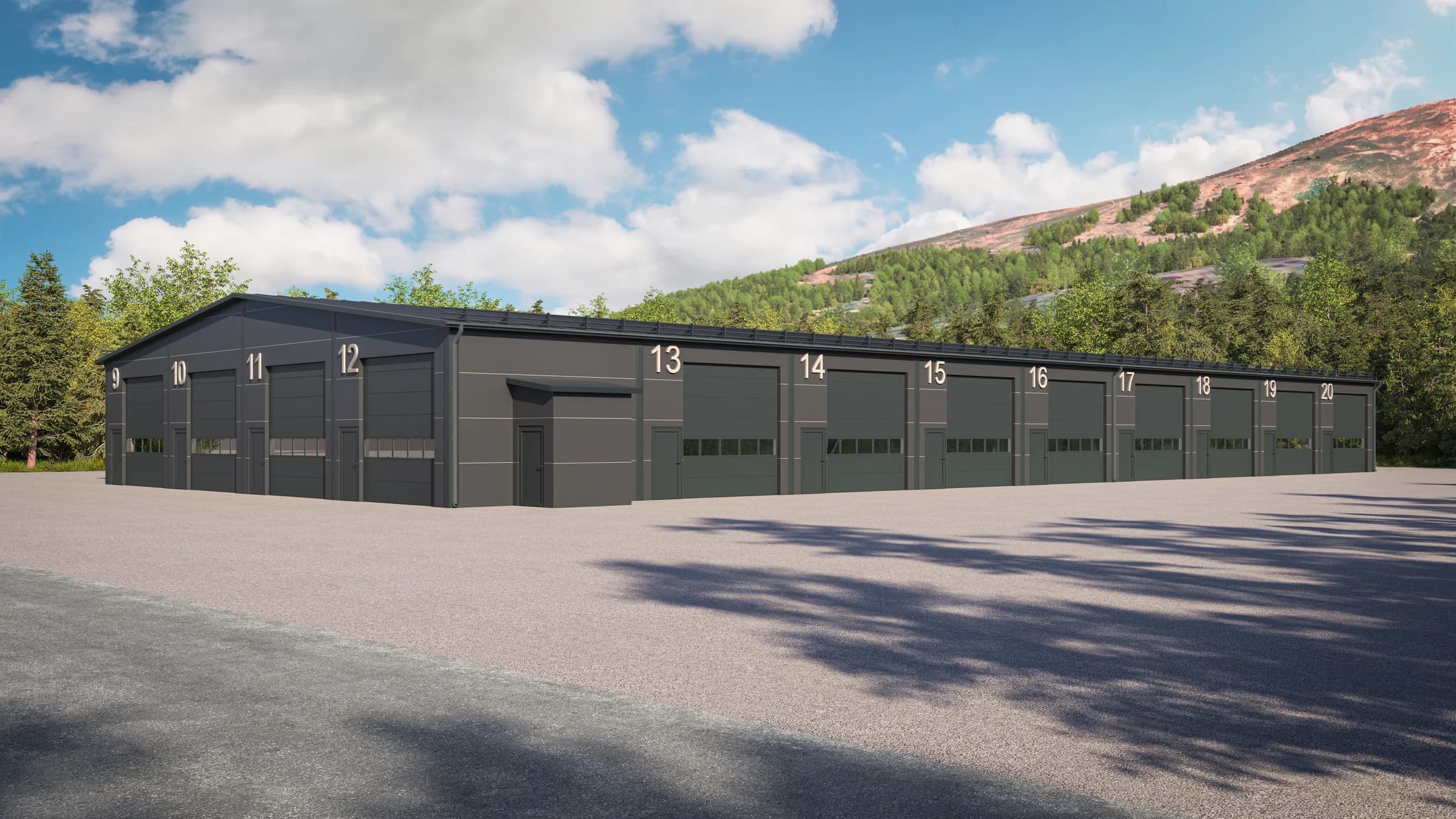 Illustrasjon: langfasaden med seksjon 13–20, hver med egen leddport med vindusfelt